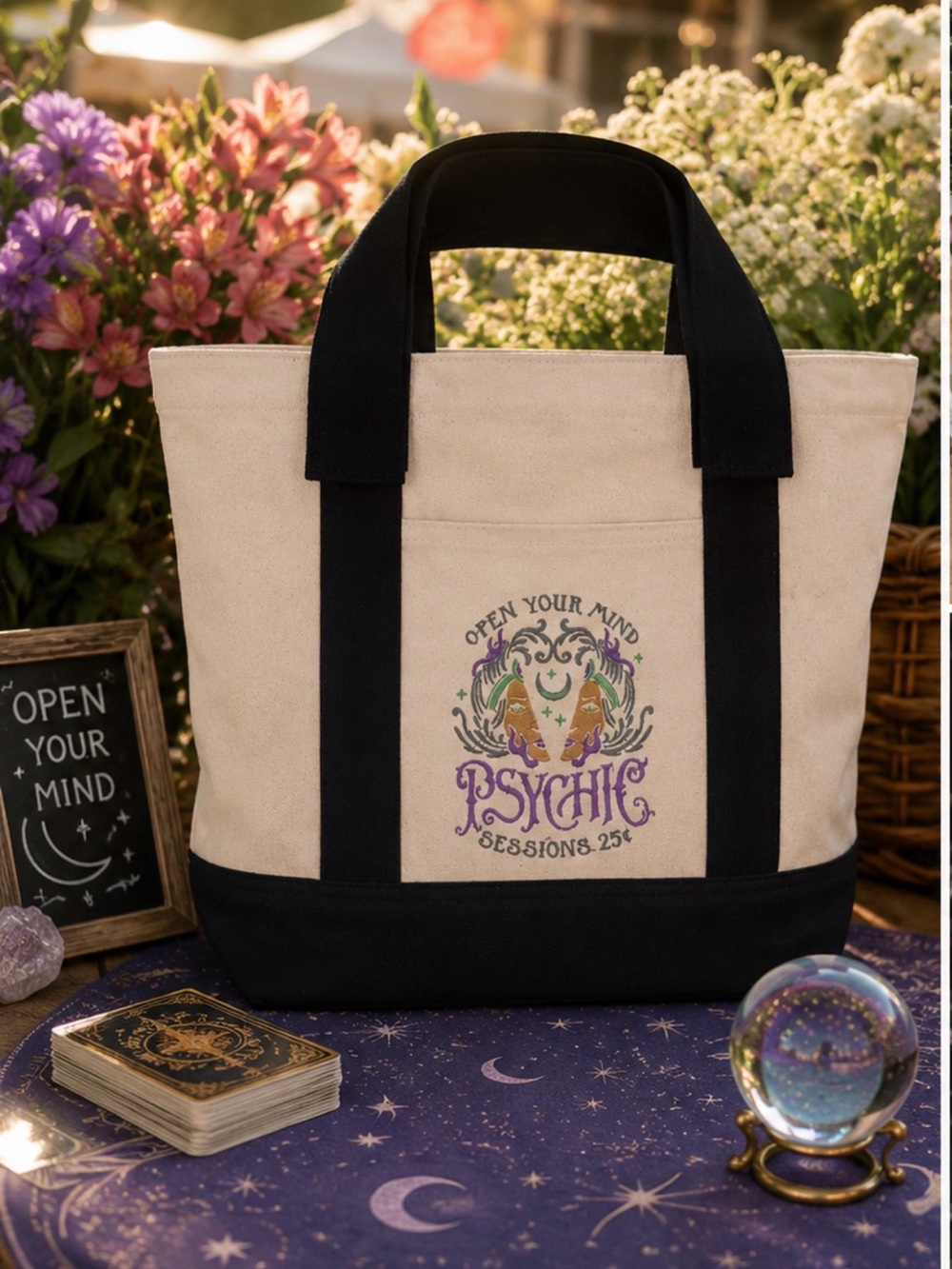 🖤 Custom Embroidered “Psychic Sessions” Canvas Tote 🔮